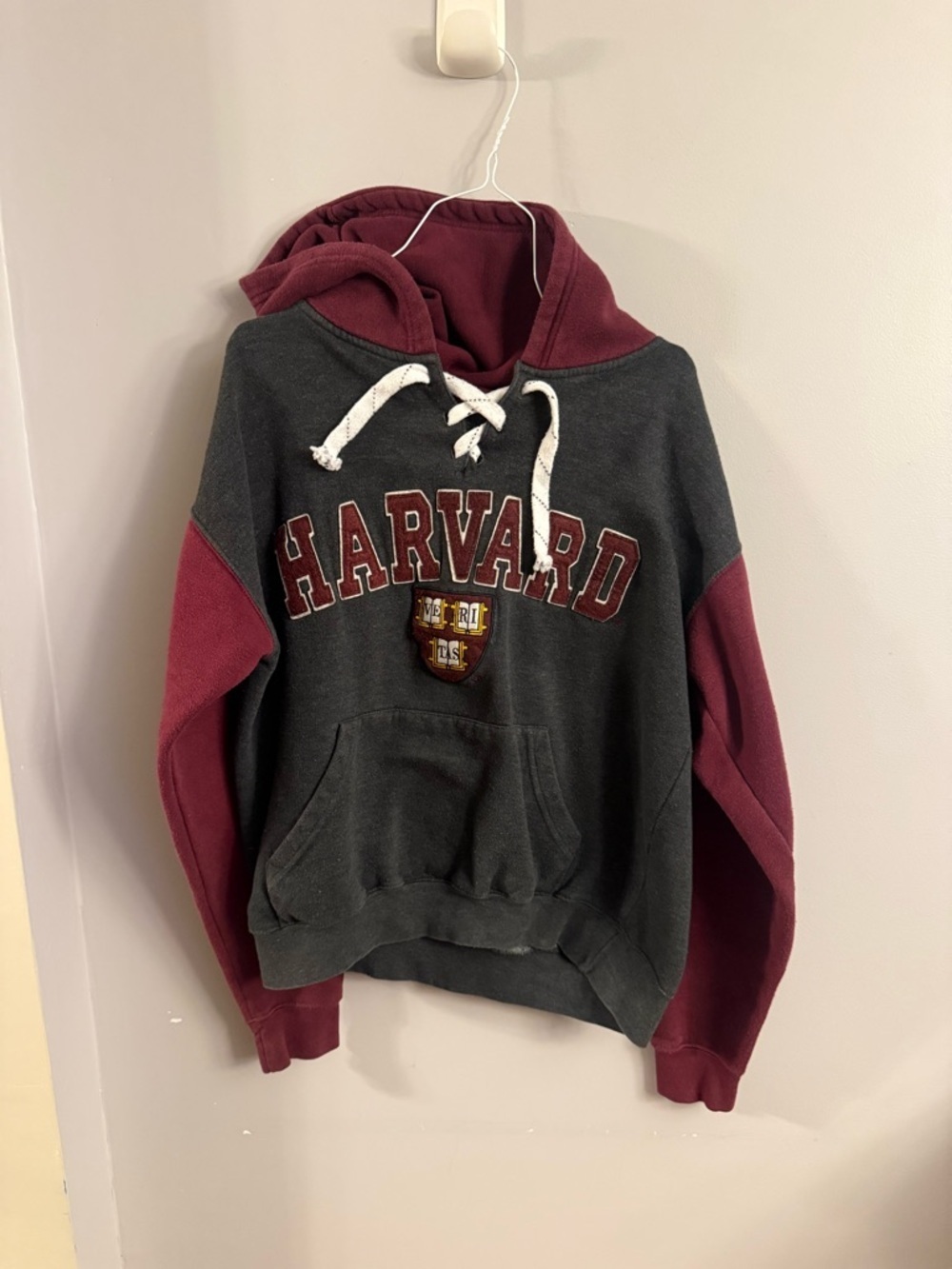 Harvard Licensed Gear Lace Up Hoodie Medium Gray Burgundy Vintage Style